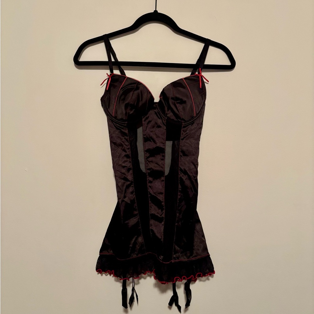 NWT Y2K Black and Red Satin Corset Lingerie Set from Fredrick’s of Hollywood